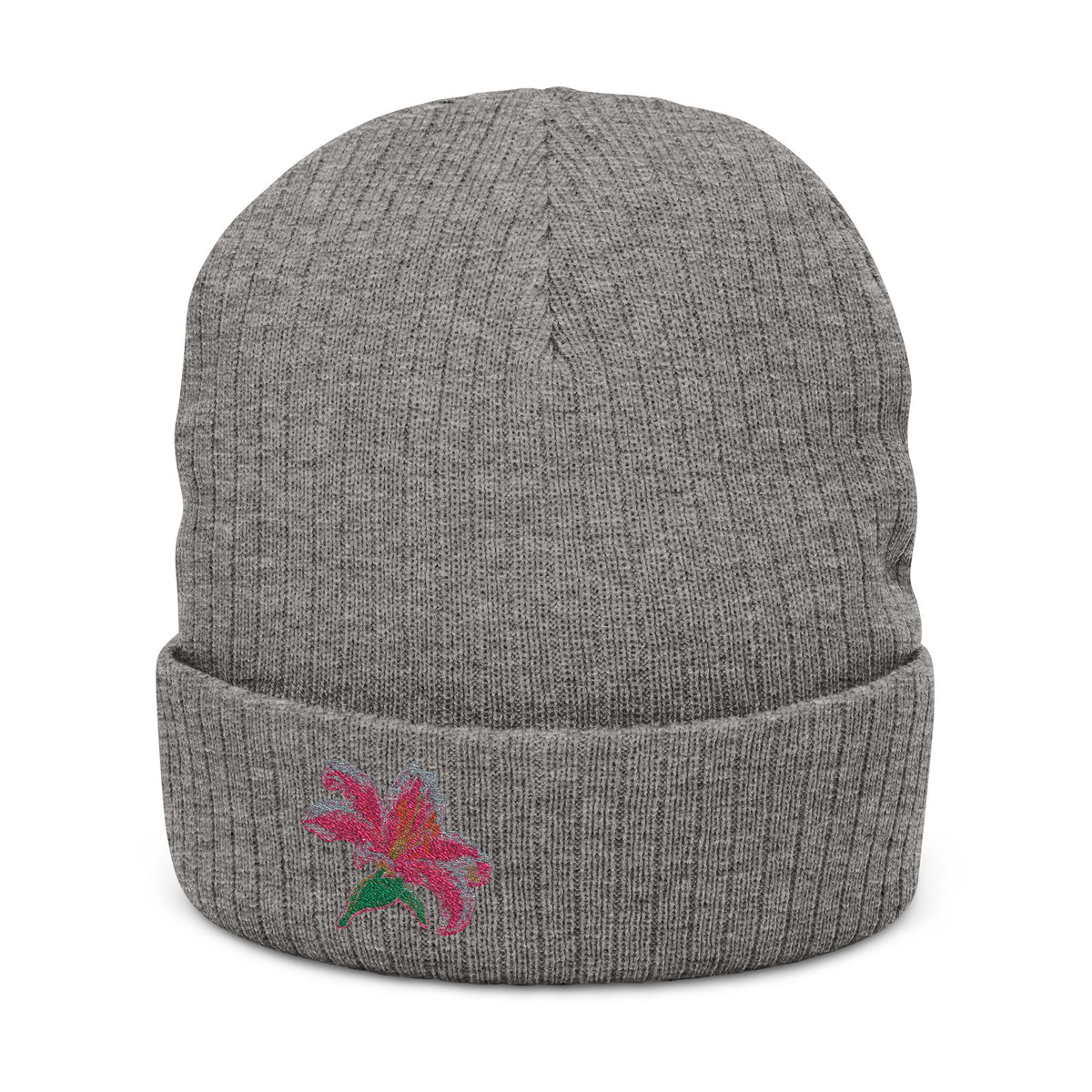 Soft knit embroidered Lily Beanie hat with floral design, unisex winter hat by WyldeHaven Apparel, perfect for everyday wear.
