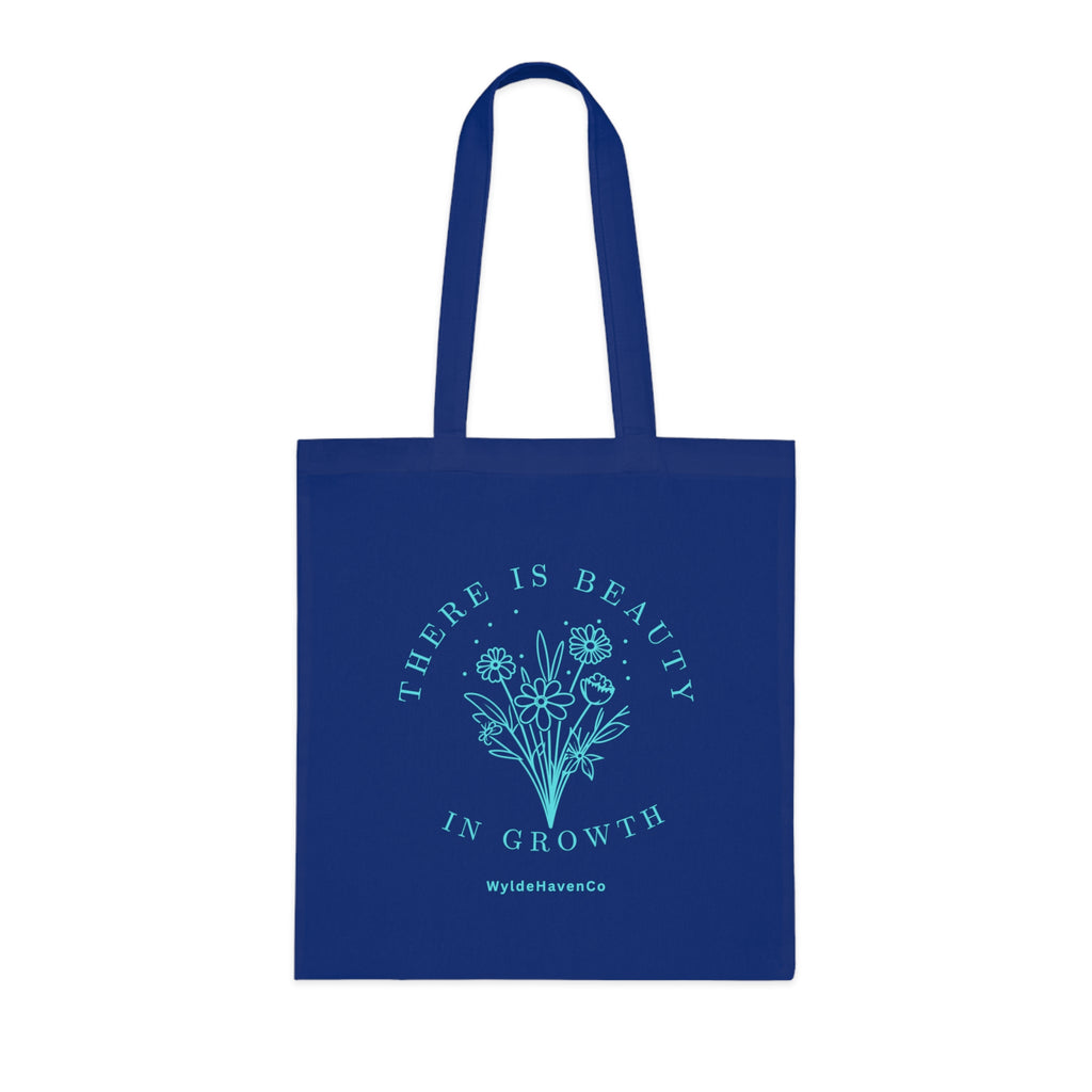 Floral cotton tote bag with "There Is Beauty In Growth" inspirational message, eco-friendly reusable bag by Printify