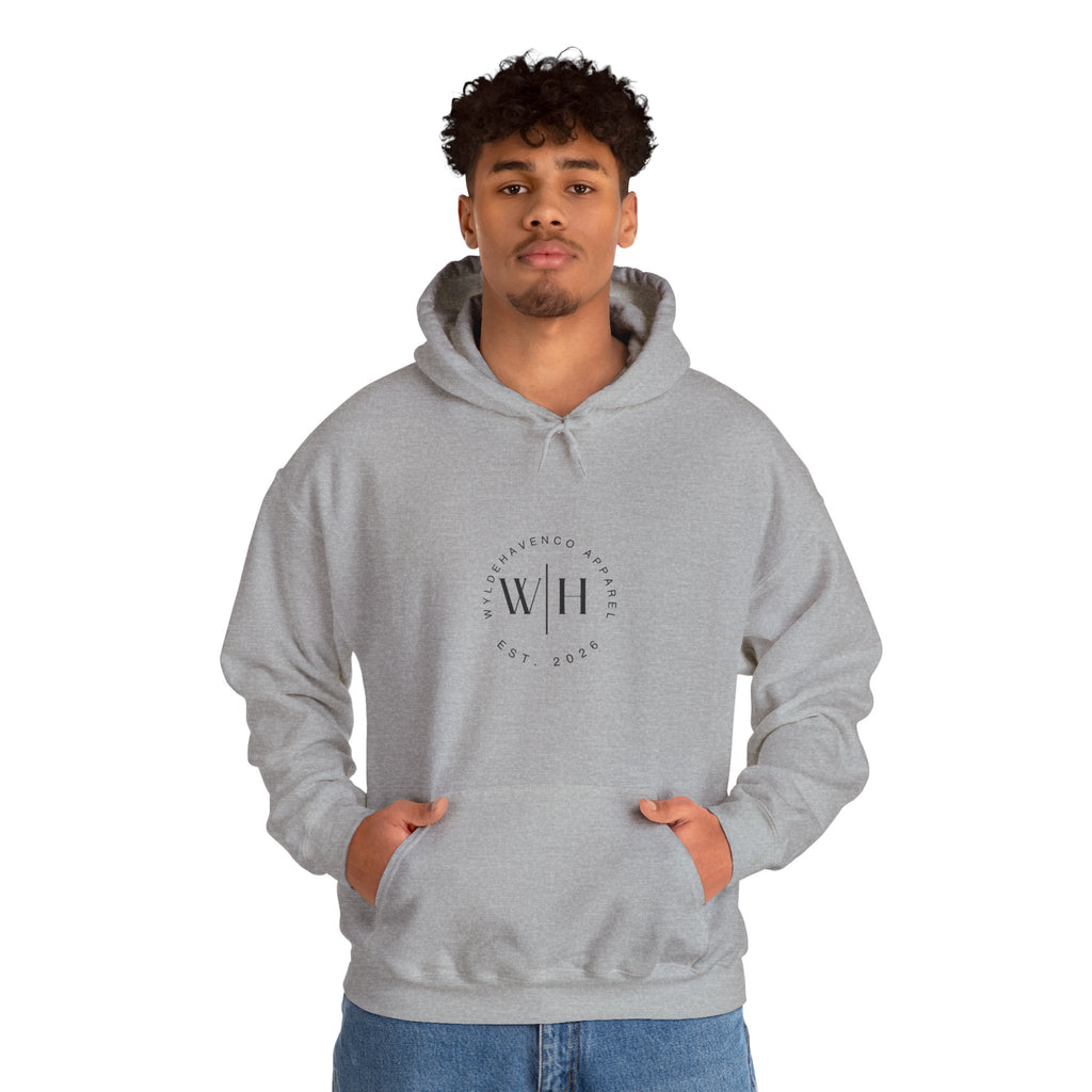 Printify Monogram Circle Hoodie by WyldeHaven Apparel featuring a logo and stylish design on a comfortable sweatshirt.