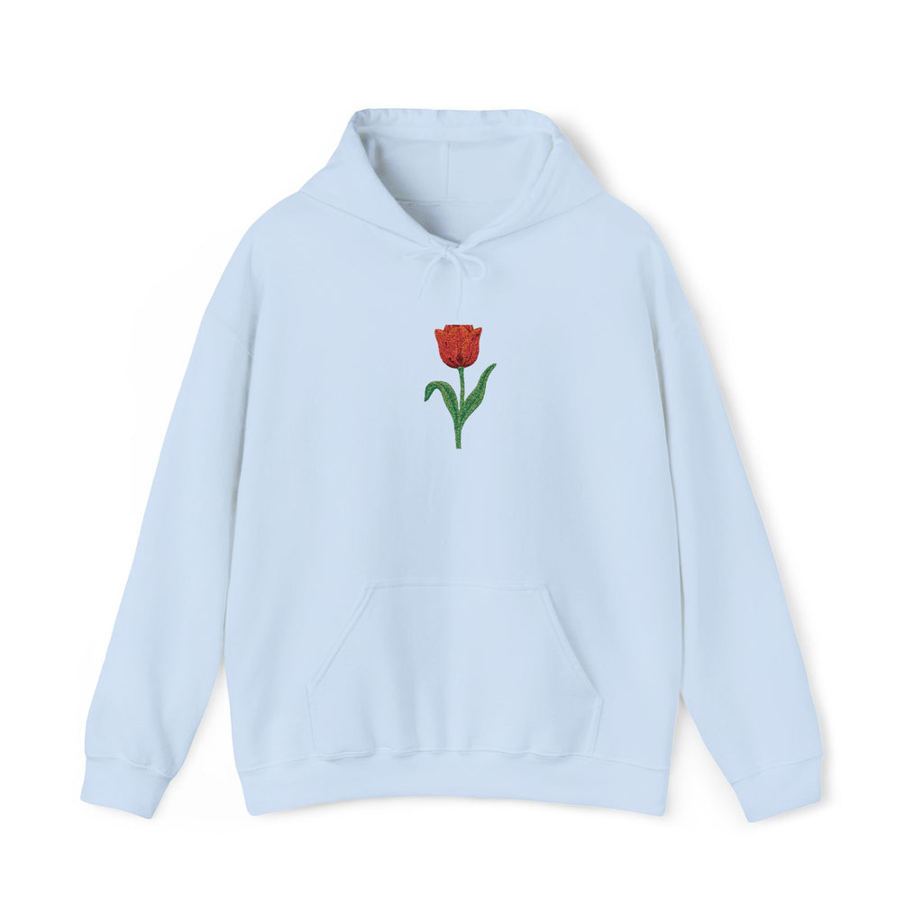 Red hoodie with embroidered red tulip and floral design on the front, featuring a casual fit and comfortable fabric from Printify.