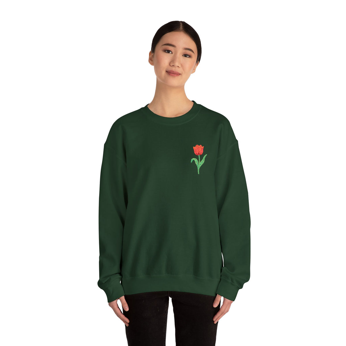 Unisex embroidered tulip floral sweatshirt with floral design on the left chest, casual jumper by Printify.