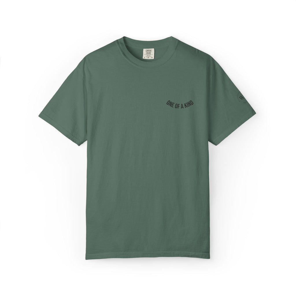 White "One of a Kind" Chest Logo T-shirt by Printify featuring a minimalist design on the front.