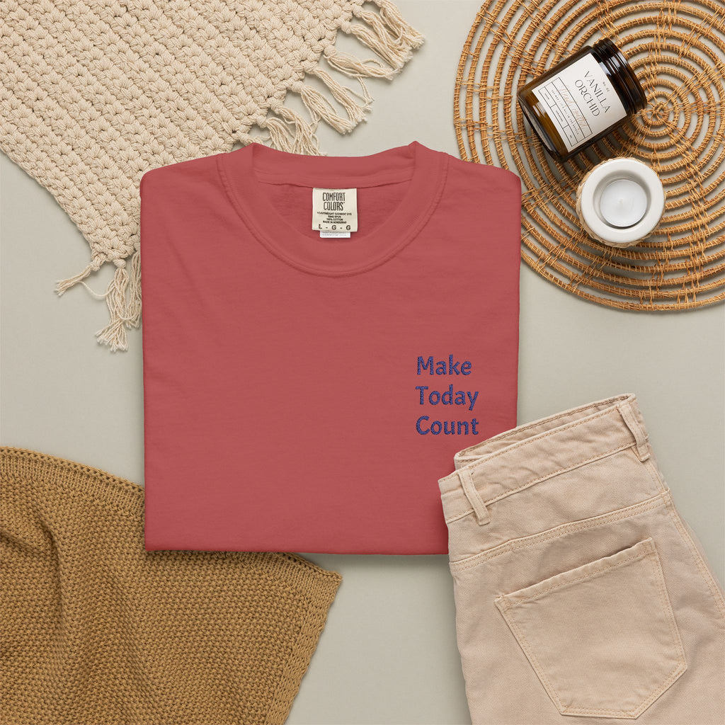 Printify Make Today Count T-Shirt featuring a minimal inspirational quote and a small pocket design on a casual cotton tee.