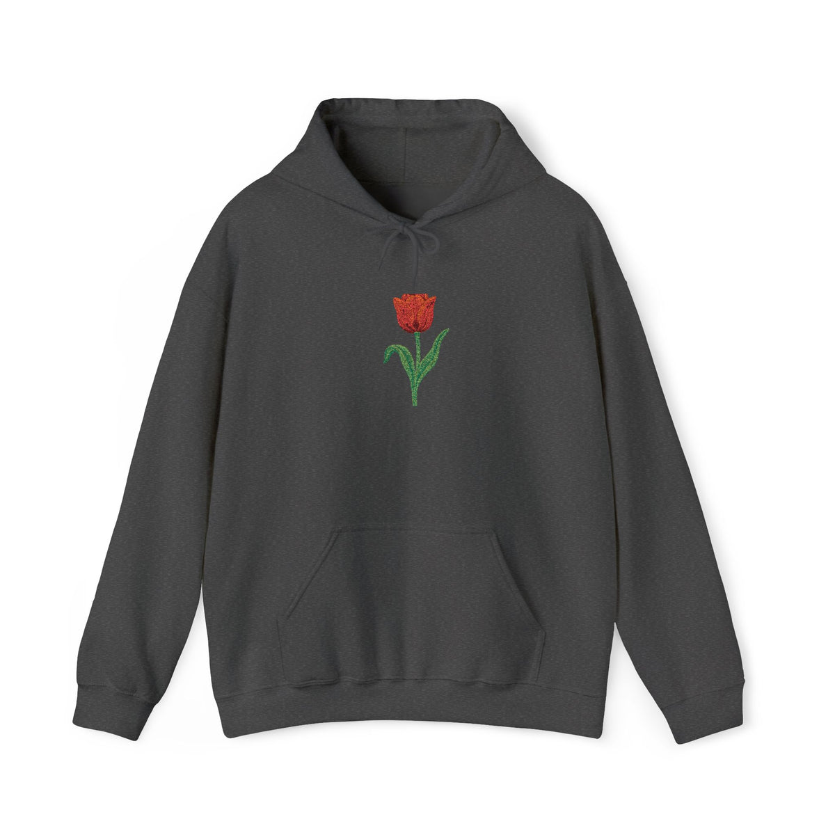 Red hoodie by Printify with embroidered red tulip and floral design on the centre front, casual and stylish.