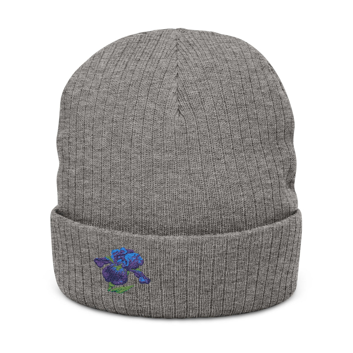 Embroidered Iris Beanie Hat by WyldeHaven Apparel, soft knit winter hat with floral design, unisex and suitable for everyday wear.
