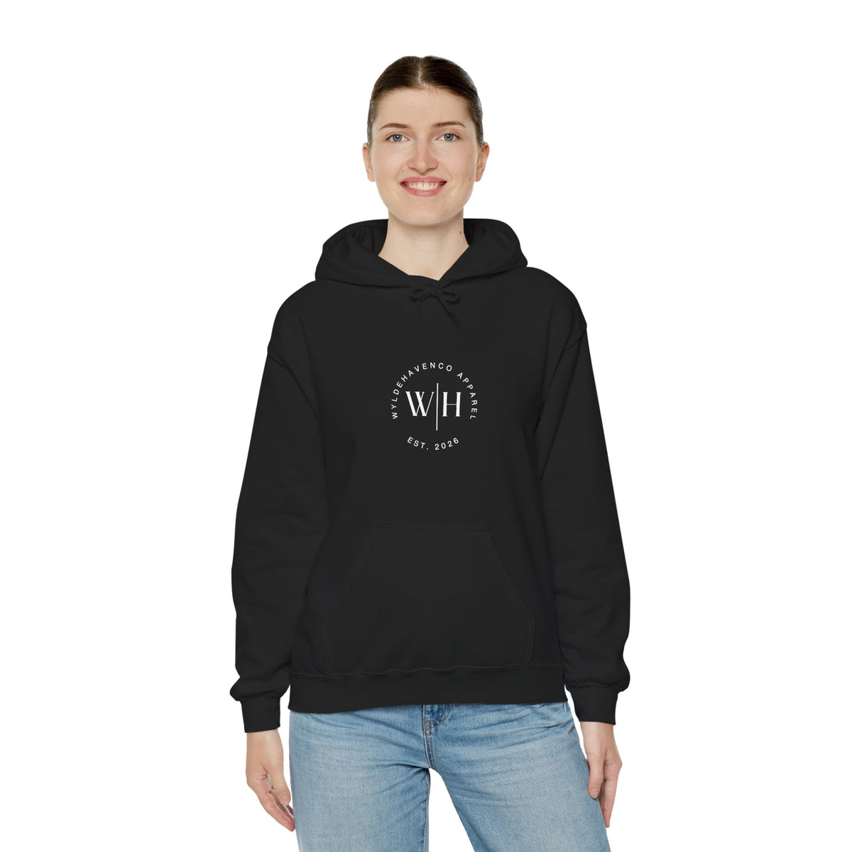Black hoodie featuring the WyldeHaven Apparel Est. 2026 logo in a monogram circle design, made by Printify.