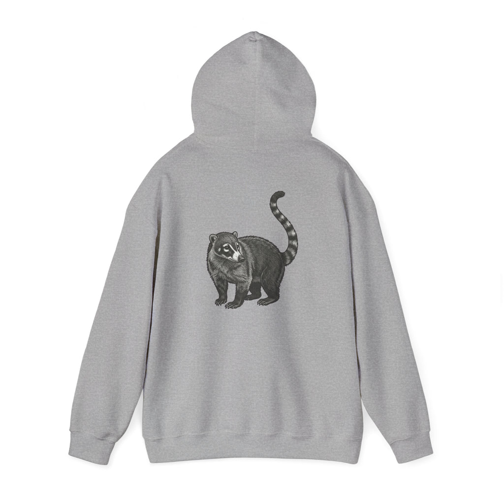 Printify Coati graphic hoodie featuring a large wildlife back print from Wyldelife Collection, in soft fabric with detailed animal artwork.