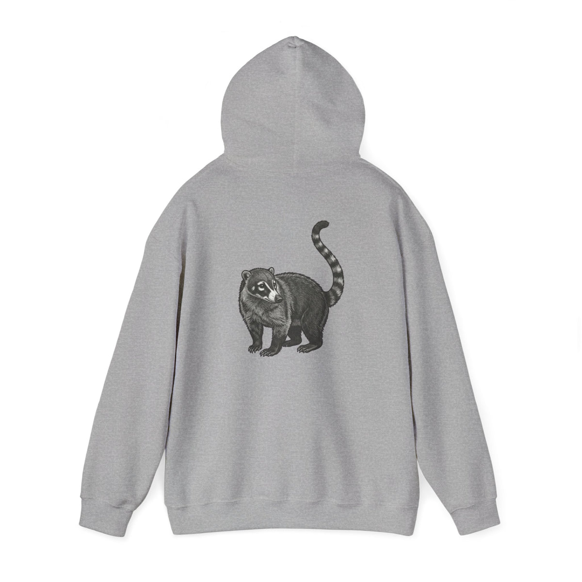 Printify Coati graphic hoodie featuring a large wildlife back print from Wyldelife Collection, in soft fabric with detailed animal artwork.