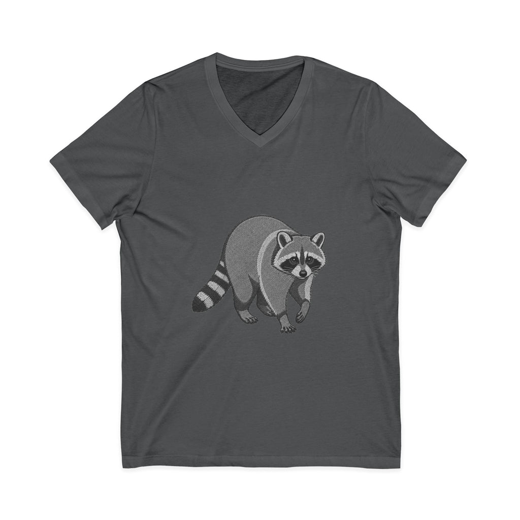 Raccoon V-Neck T-Shirt by Wyldelife featuring a wildlife graphic design on a casual printify T-shirt.