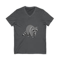 Raccoon V-Neck T-Shirt by Wyldelife featuring a wildlife graphic design on a casual printify T-shirt.