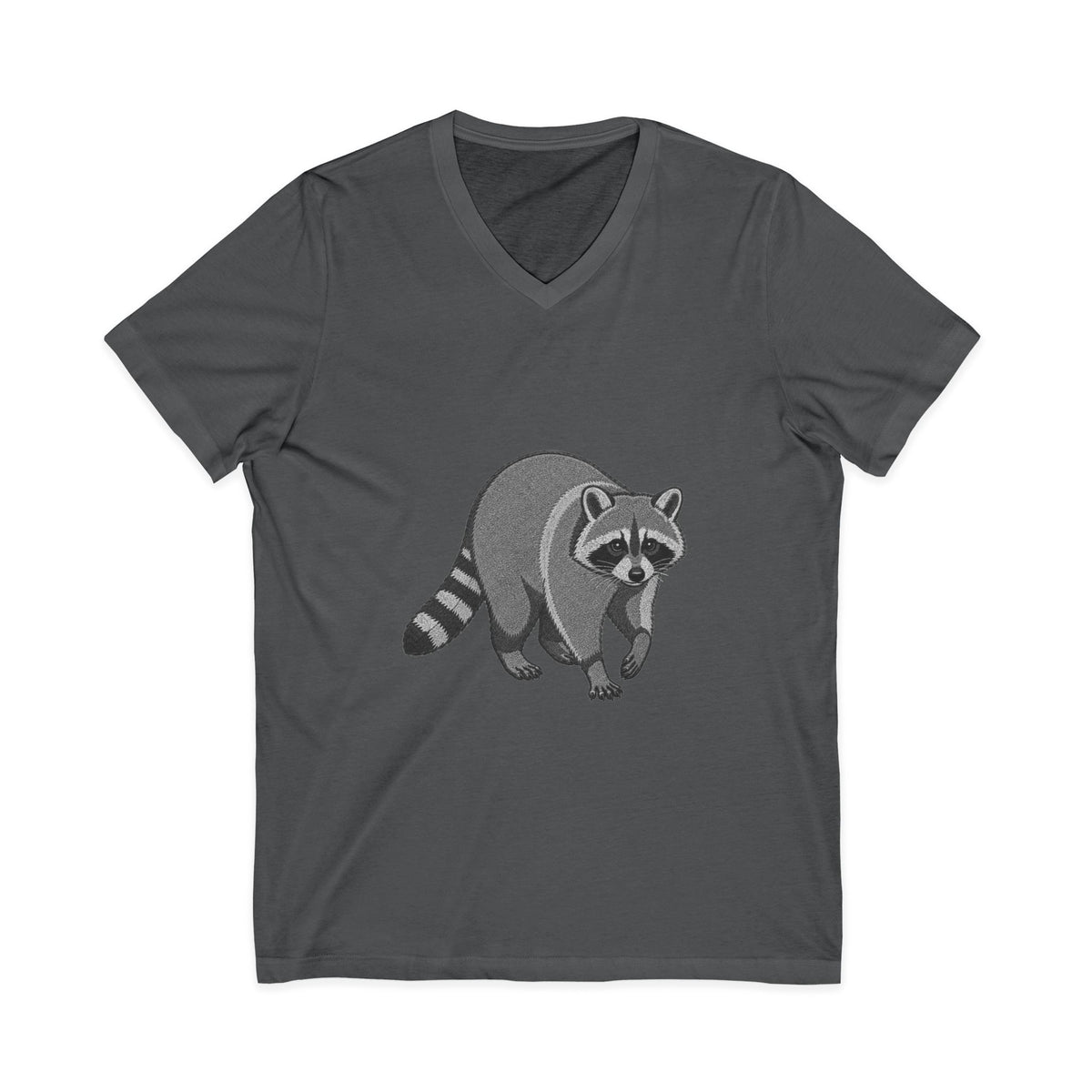 Raccoon V-Neck T-Shirt by Wyldelife featuring a wildlife graphic design on a casual printify T-shirt.