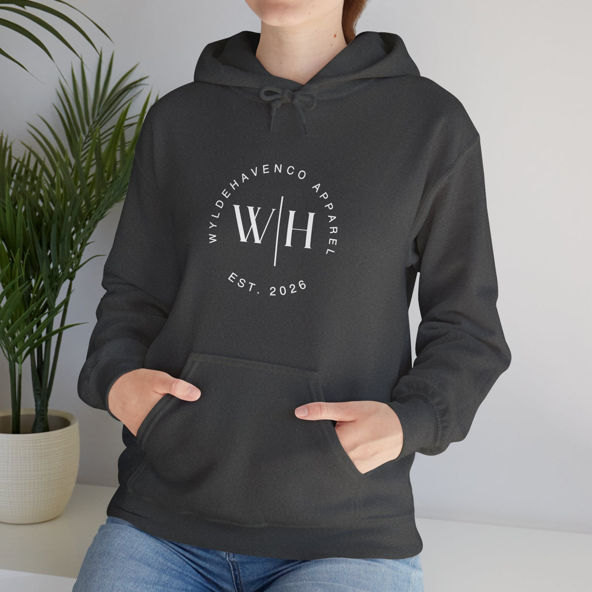 Gray Monogram Circle hoodie by WyldeHaven Apparel featuring Est. 2026 logo, made by Printify, with a comfortable sweatshirt fit.