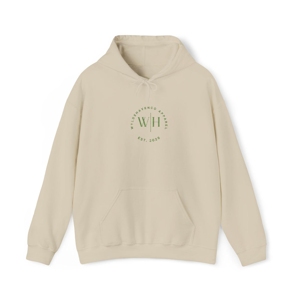 Green WyldeHaven logo embroidered hoodie by Printify, featuring a comfortable fit and a stylish embroidered logo design.