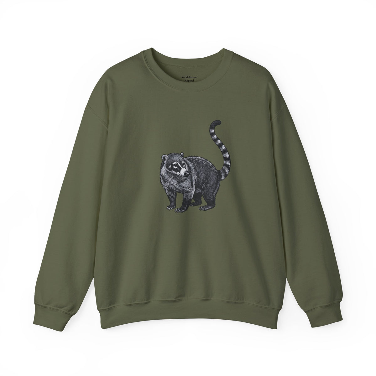 Coati graphic sweatshirt from Wyldelife Collection featuring wildlife art, casual fit, and detailed coati illustration on soft fabric.