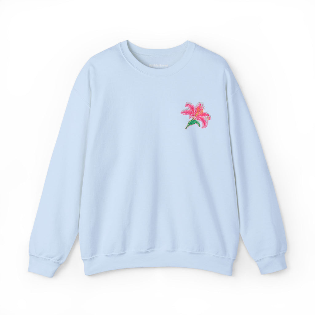 Unisex embroidered lily sweatshirt with floral design on the left chest, made by Printify, featuring comfortable fabric and casual style.