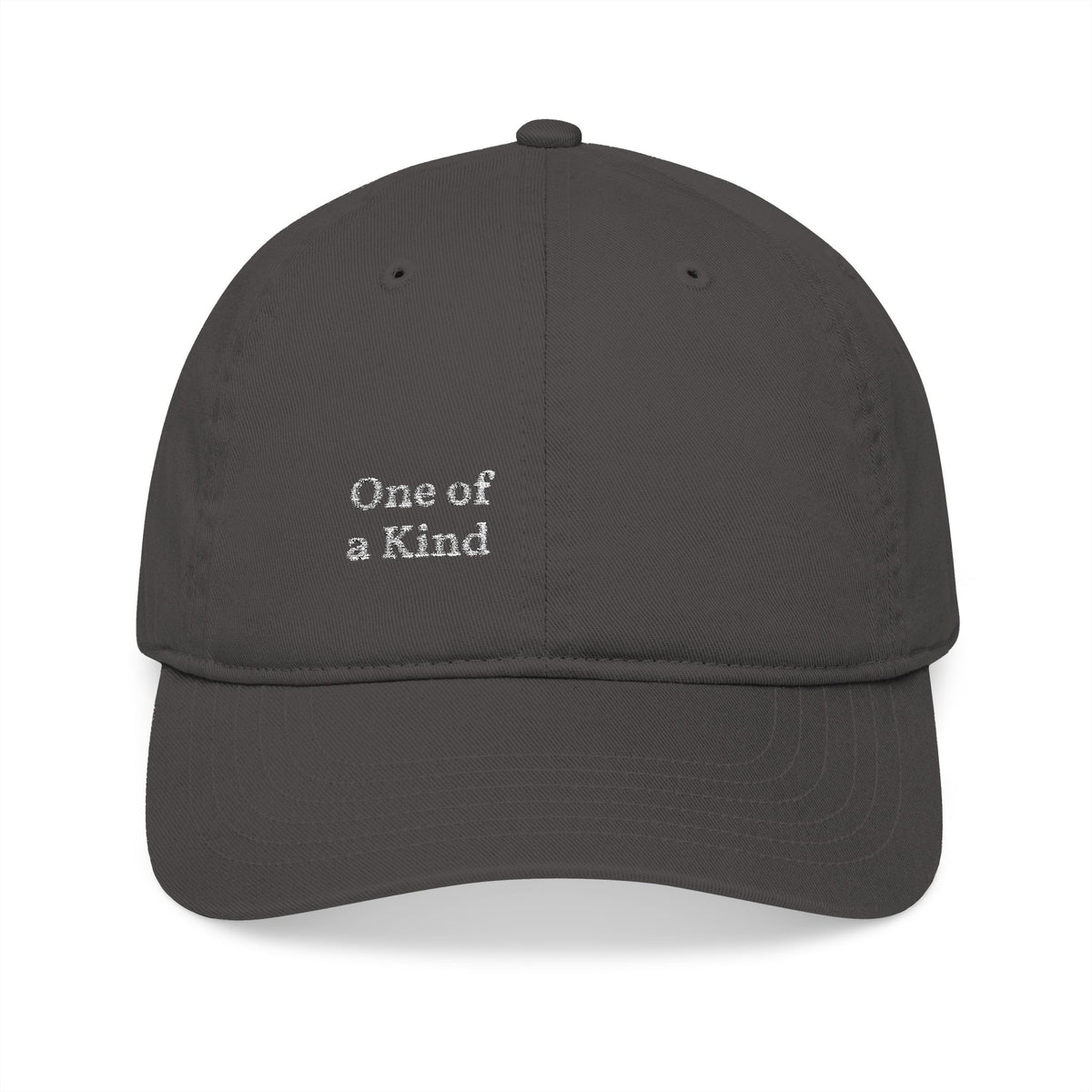 Organic embroidered baseball cap by Printify with "One of a Kind" design, casual minimal hat, natural cotton material.