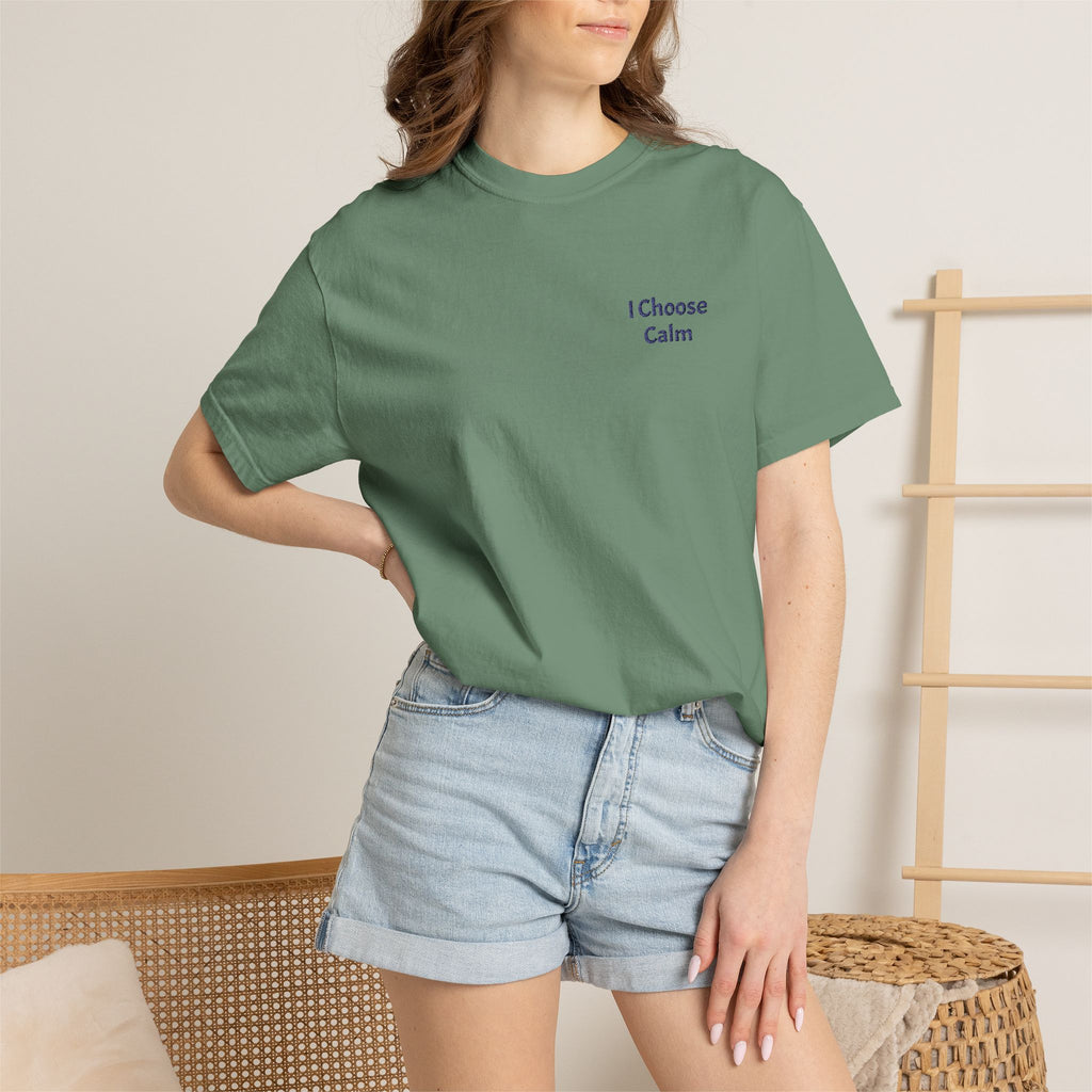 Gray I Choose Calm T-Shirt by Printify featuring minimalist relaxation design on soft fabric, casual fit, and comfortable wear.