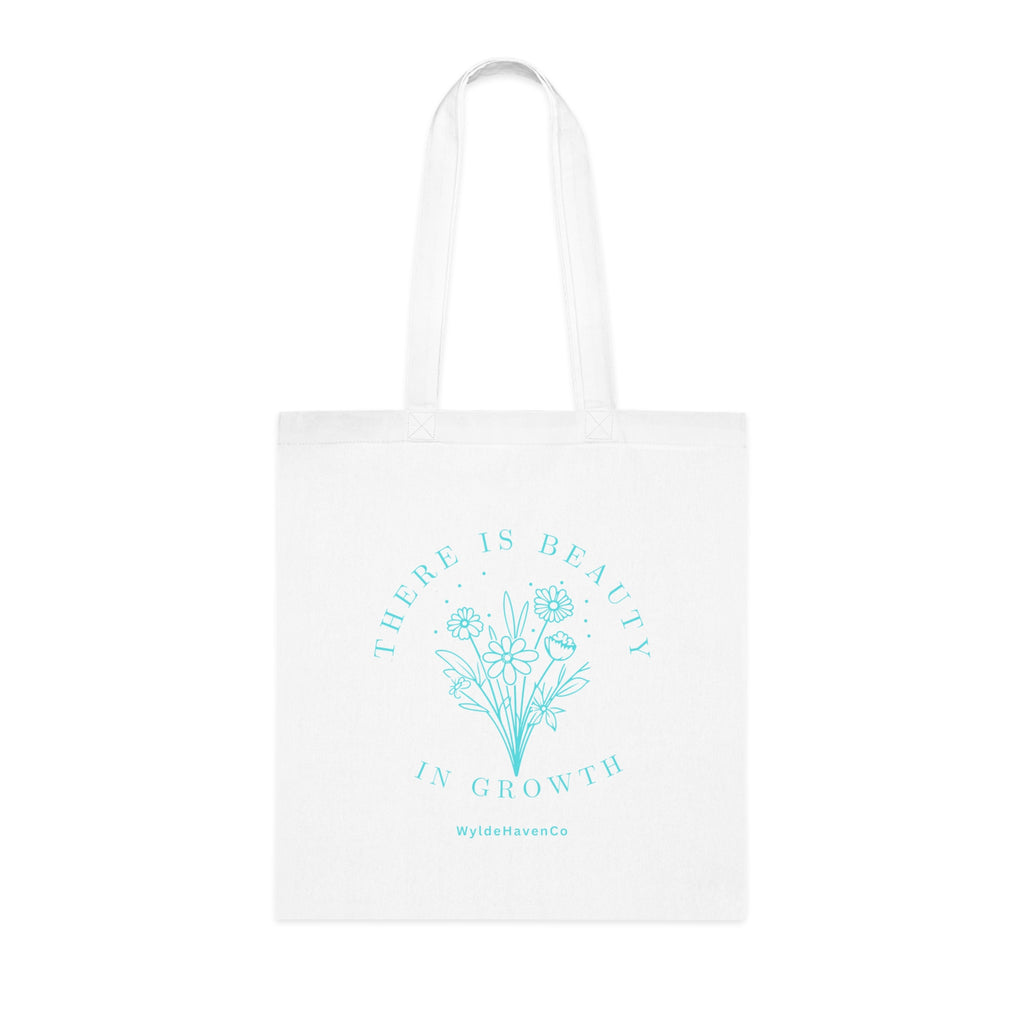 Floral cotton tote bag with "There Is Beauty In Growth" inspirational message, eco-friendly bag by Printify.