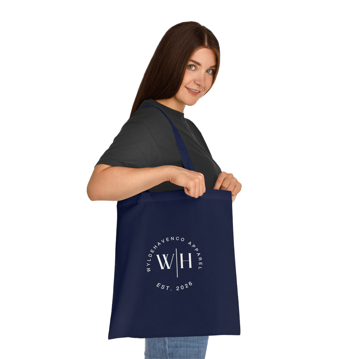 Printify monogram circle cotton tote bag with WH logo, stylish canvas tote bag perfect for everyday use