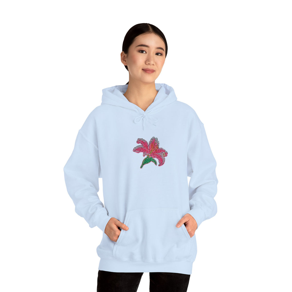 Embroidered Lily Flower Hoodie by Printify with a center-front floral design, featuring detailed embroidery on a cozy hoodie.