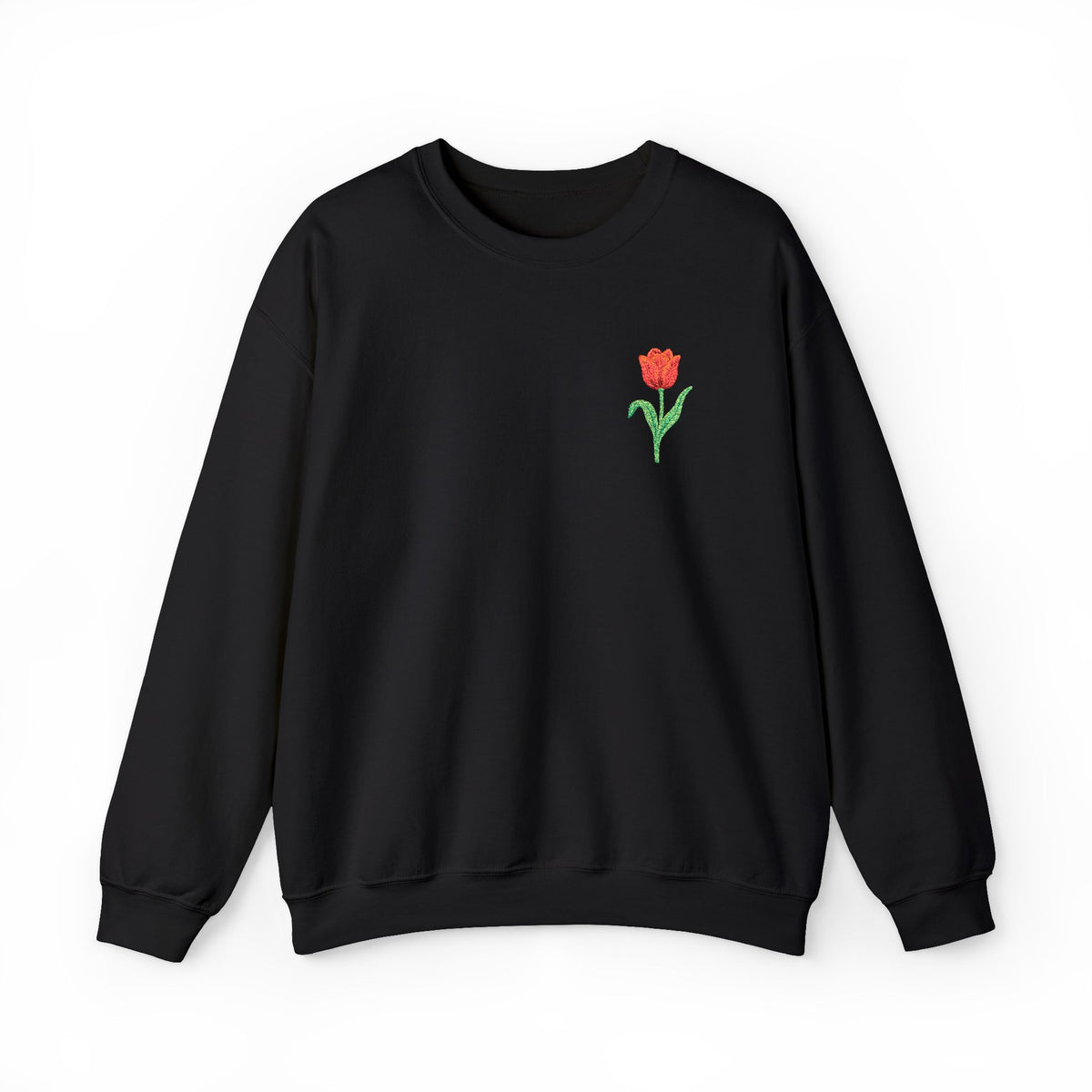 Unisex embroidered sweatshirt with floral tulip design on the left chest, featuring a cozy fit and vibrant floral embroidery.