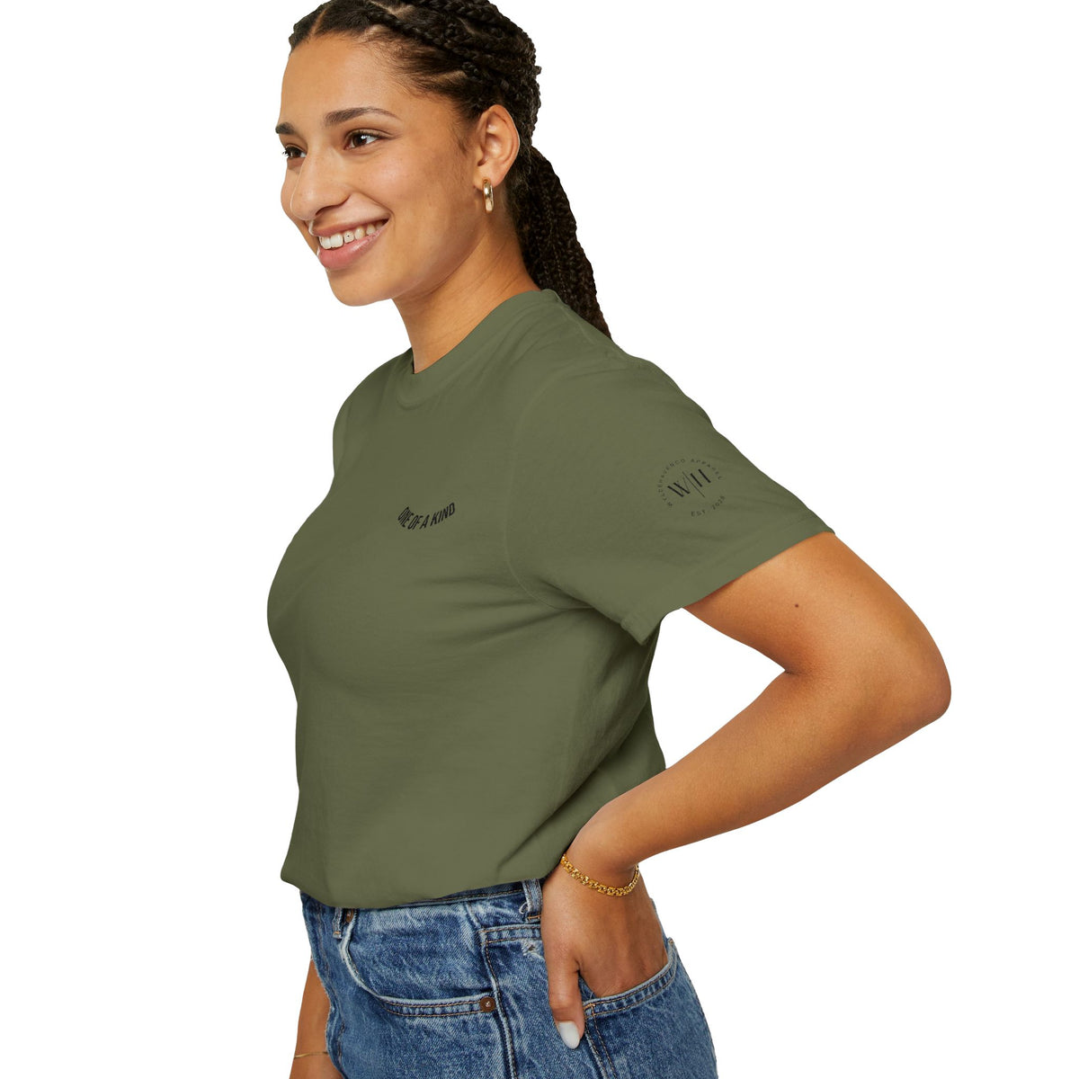 Black "One of a Kind" Chest Logo T-Shirt by Printify featuring a minimalist front logo on soft cotton fabric.