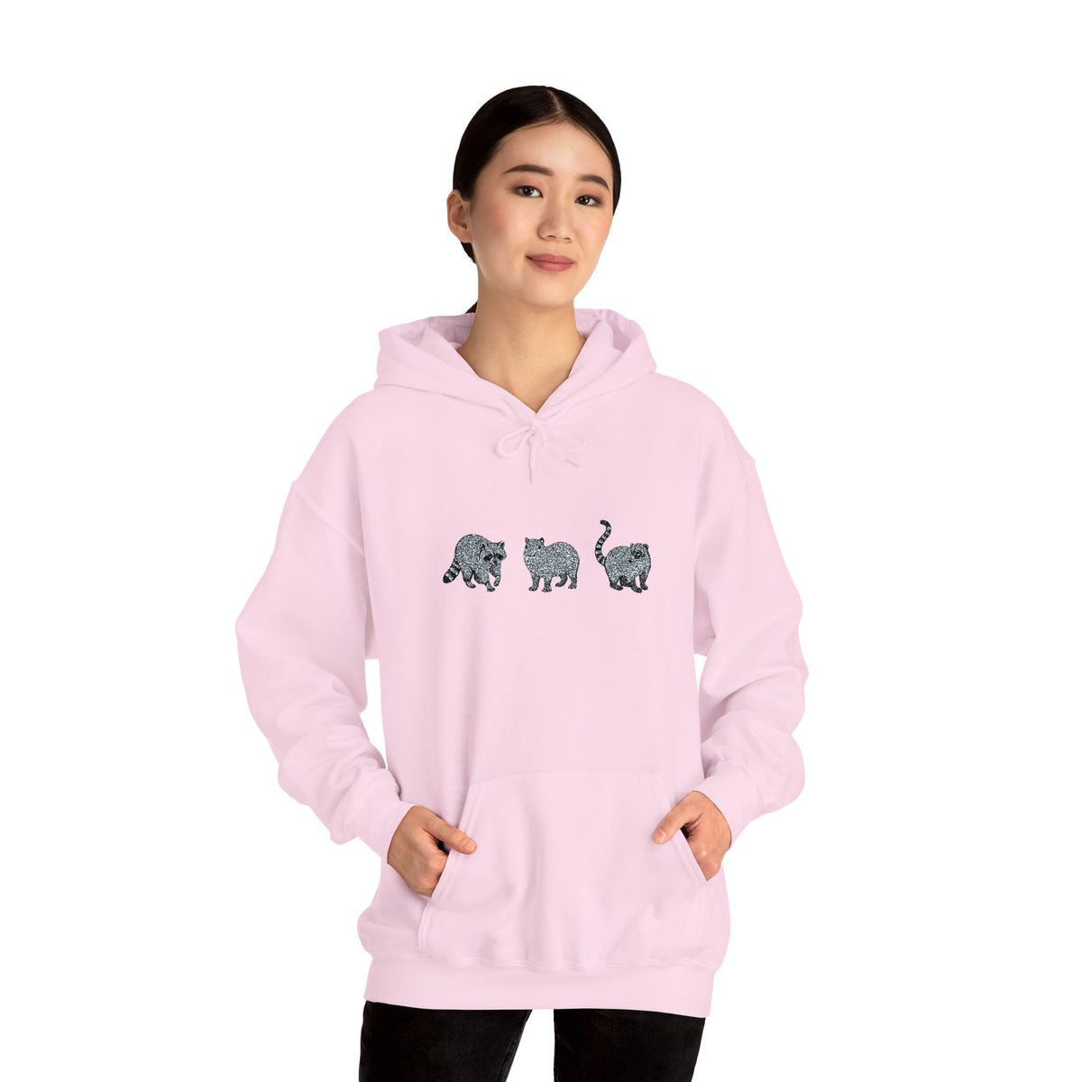 Wyldelife Trio embroidered hoodie by Printify featuring raccoon, capybara, and coati illustrations on a cozy hoodie.