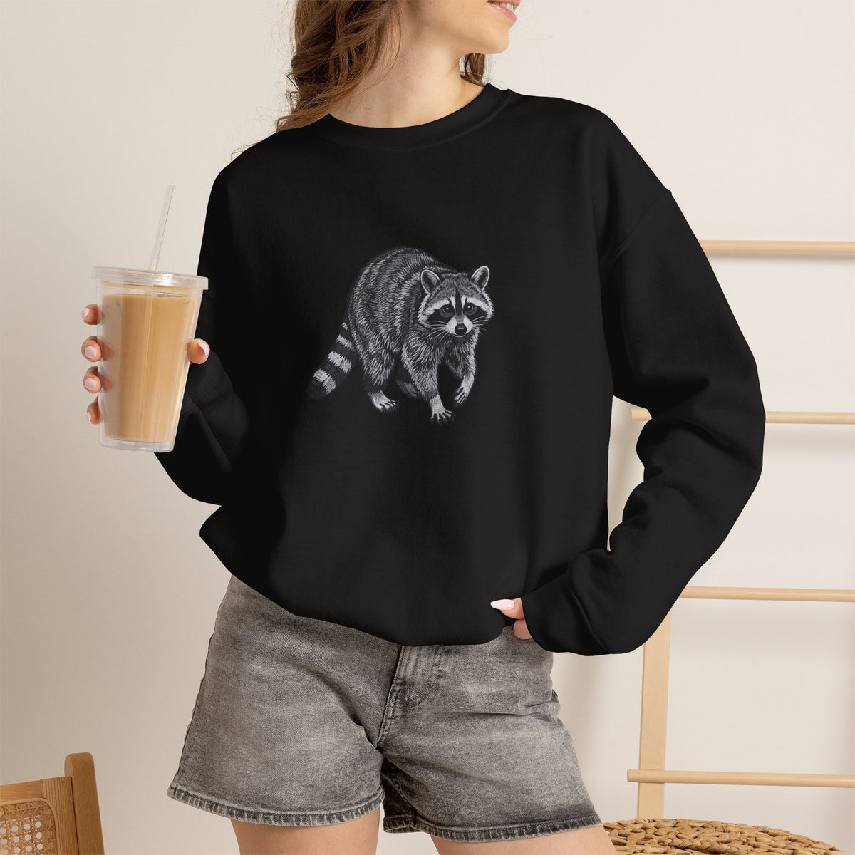 Gray sweatshirt featuring a printed raccoon graphic from the Wyldelife Collection by Printify, showcasing wildlife art design.