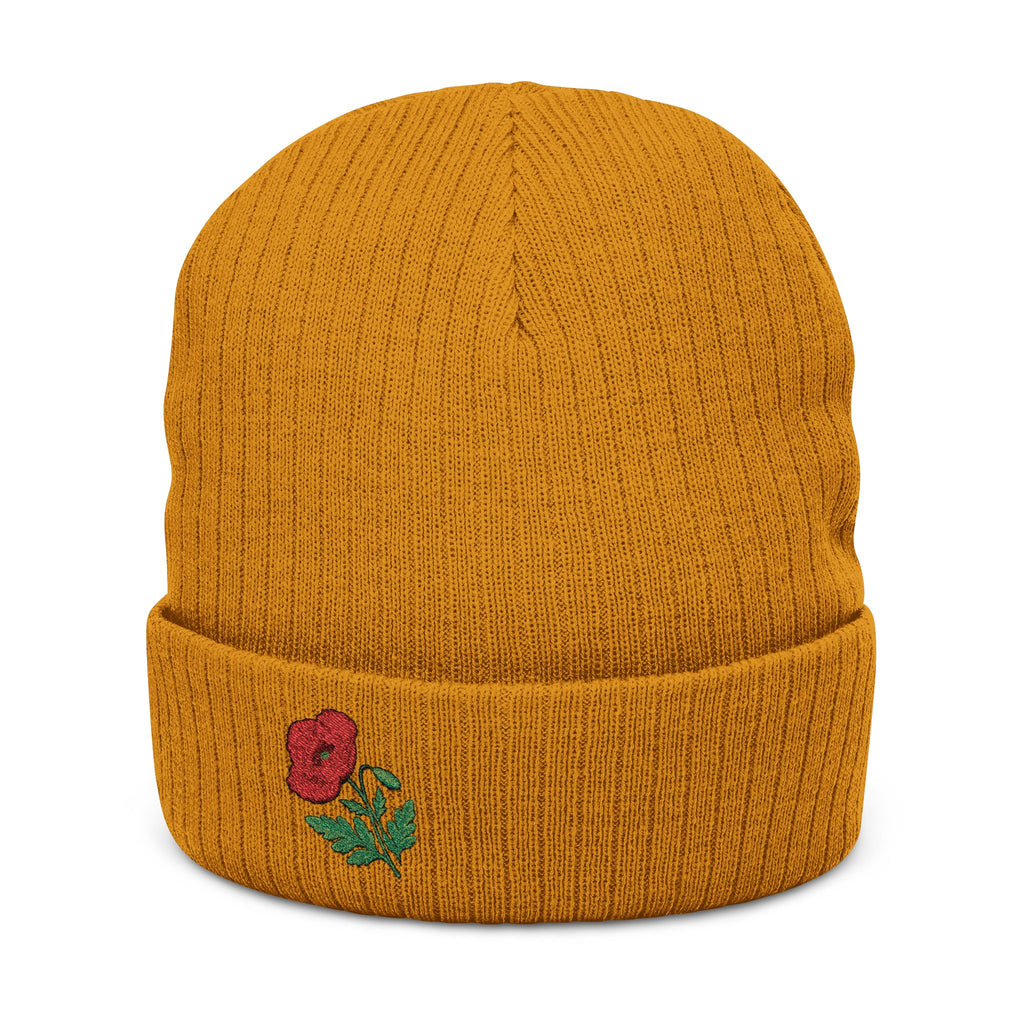 Soft knit embroidered poppy beanie hat with floral design, unisex winter hat by WyldeHaven Apparel, suitable for everyday wear.
