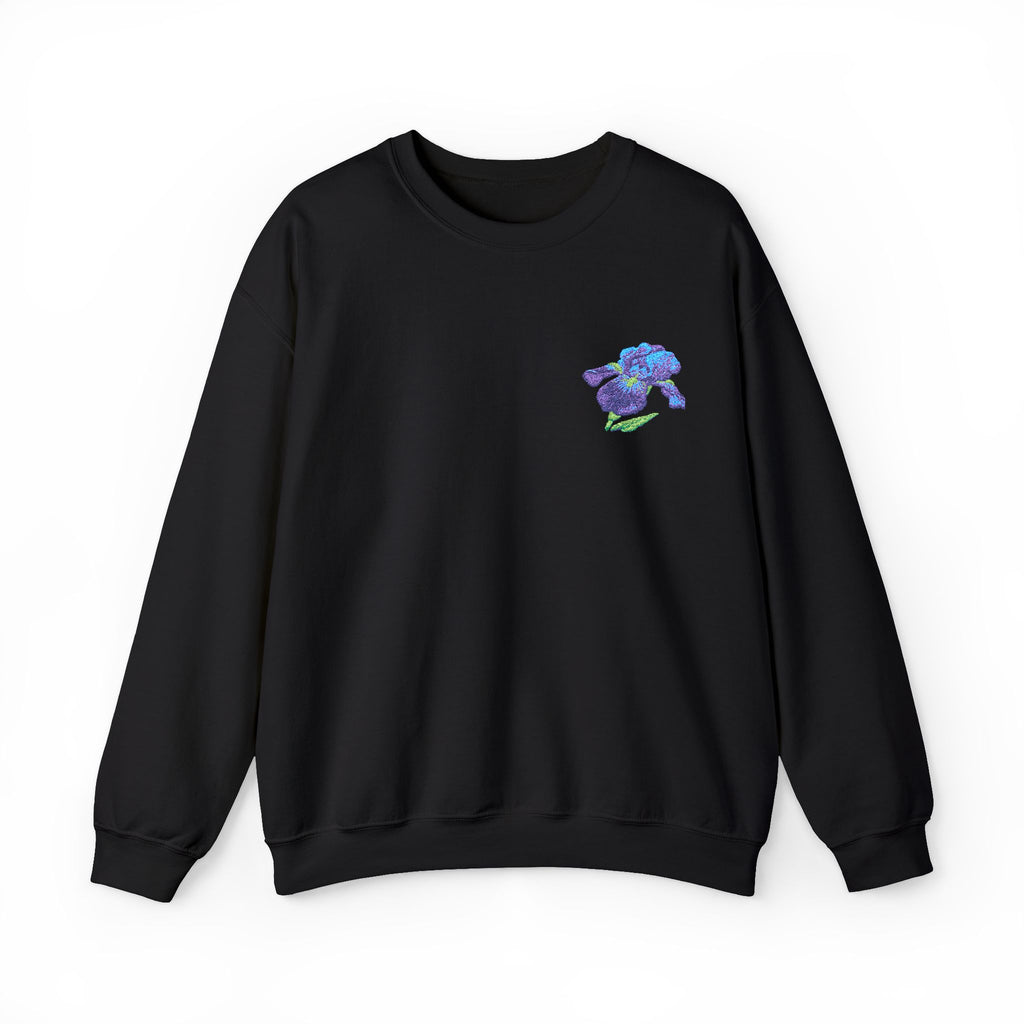Unisex embroidered Iris floral sweatshirt by Printify with a floral design on the left chest, made of comfortable fabric.