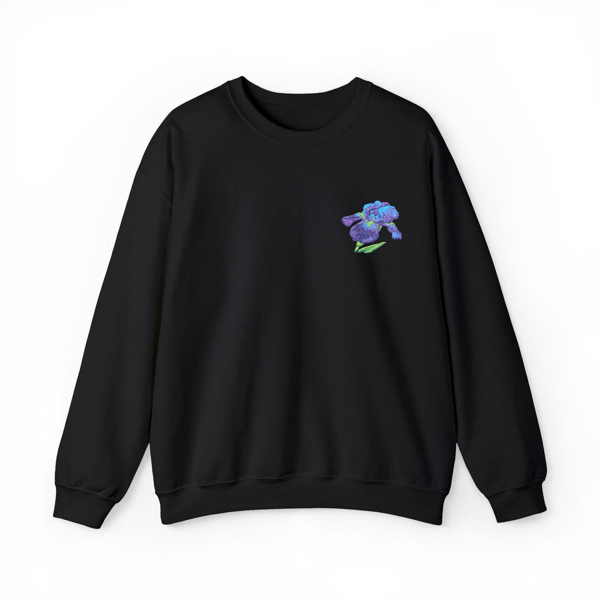 Unisex embroidered Iris floral sweatshirt by Printify with a floral design on the left chest, made of comfortable fabric.