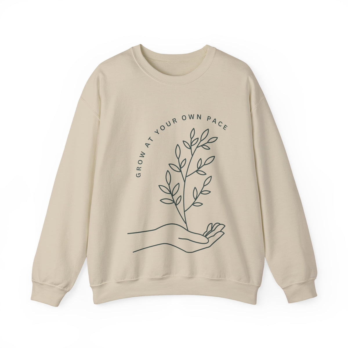 Printify Grow At Your Own Pace crewneck sweatshirt featuring minimalist line art design, soft fabric, and comfortable fit.