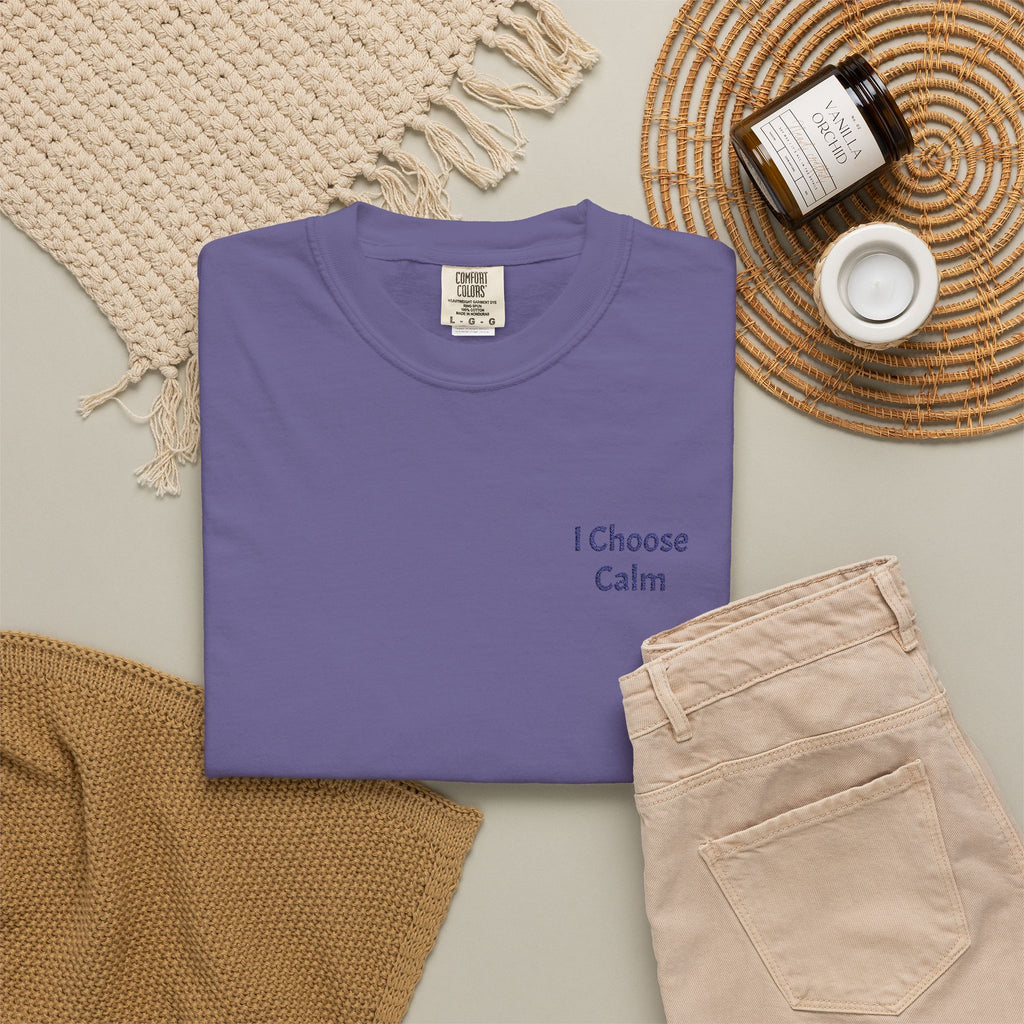 Light gray I Choose Calm T-Shirt by Printify featuring minimalist relaxation design on soft cotton fabric.
