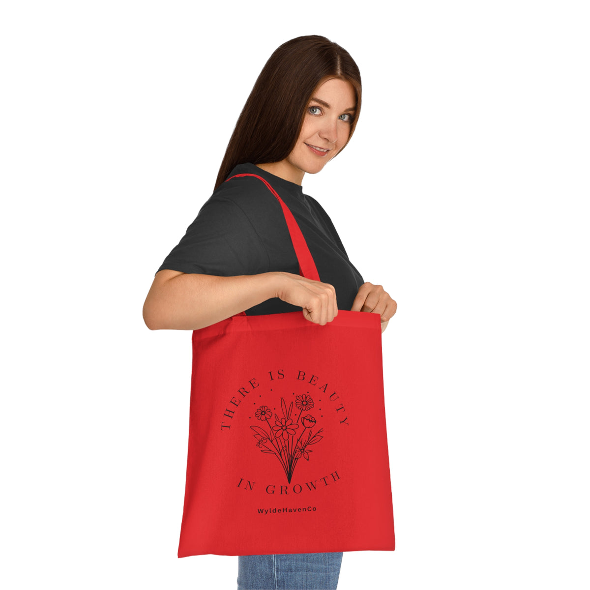 Floral cotton tote bag with "There Is Beauty In Growth" quote, stylish reusable bag by Printify for everyday use.