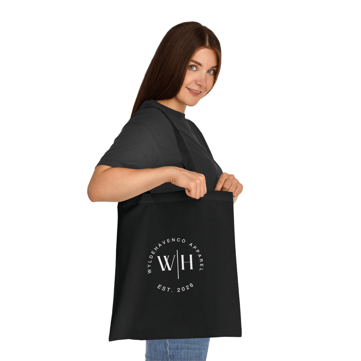 Printify Cotton Tote Bag with WH logo featuring a monogram circle design, durable canvas material, and stylish tote handle.
