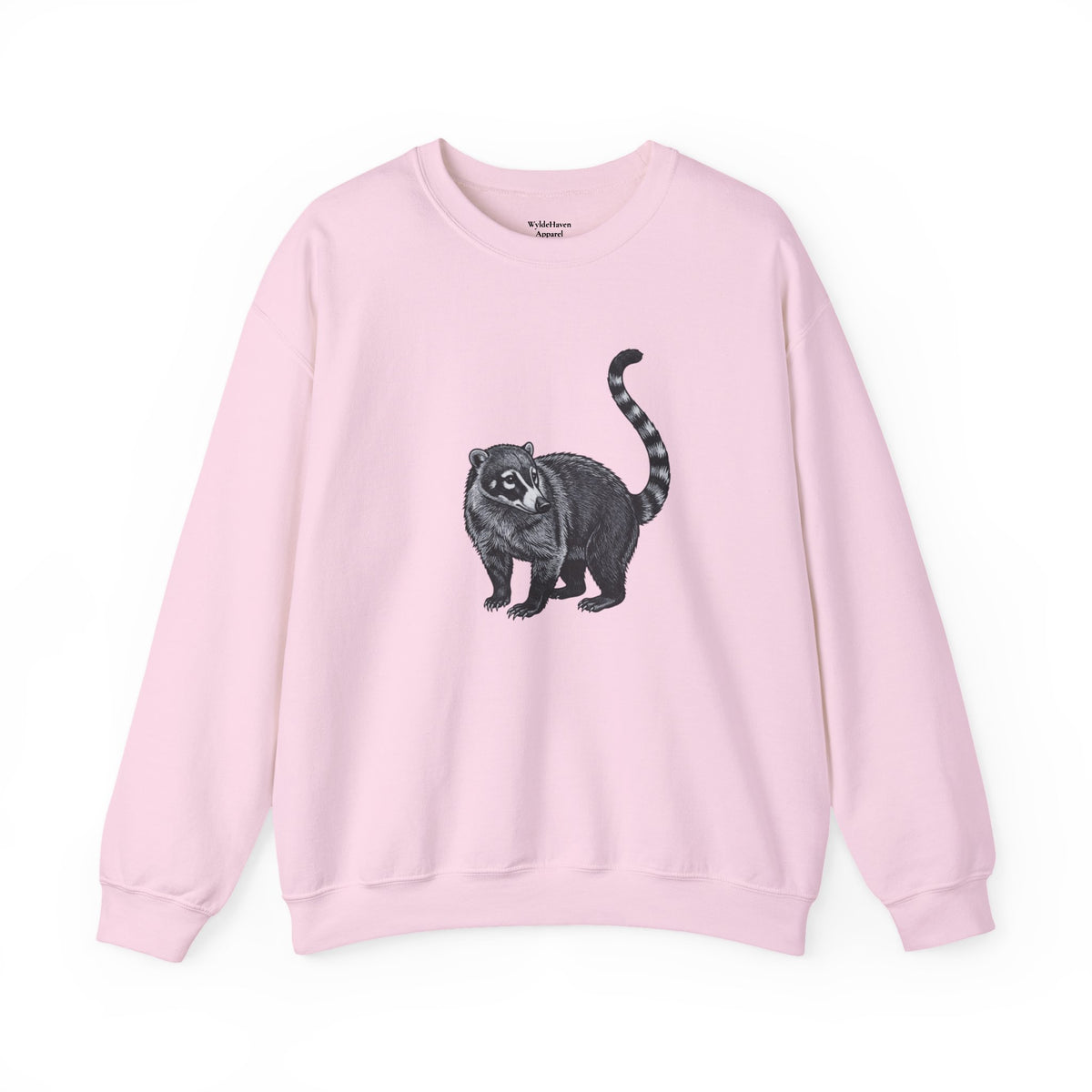 Coati graphic sweatshirt from Wyldelife Collection featuring original wildlife art, displayed on a comfortable Printify sweatshirt.
