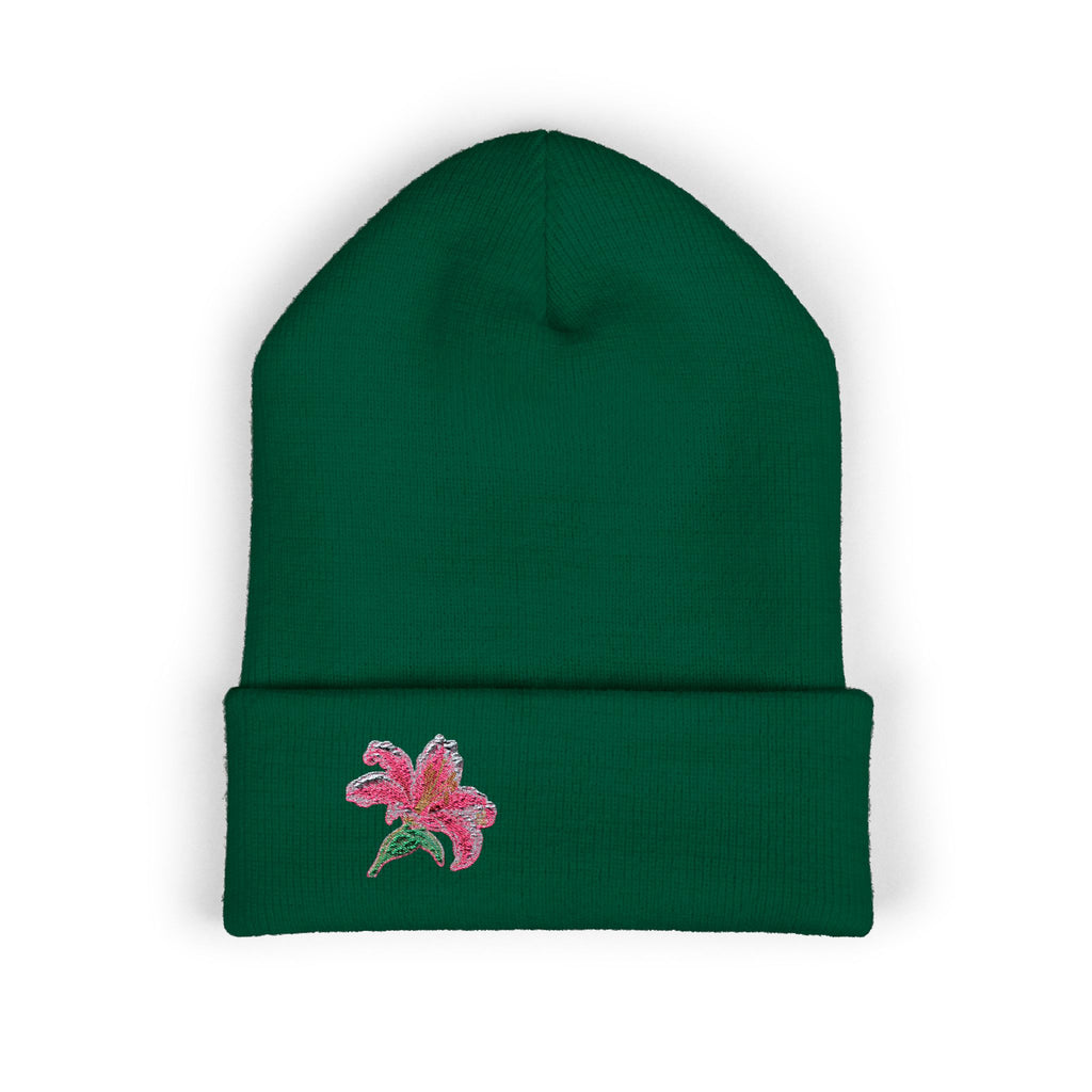 Pink Lily embroidered beanie hat with floral embroidery, soft knit cuff, perfect for winter; by WyldeHaven Apparel.