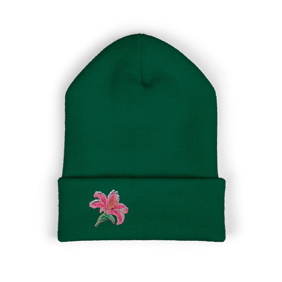 Pink Lily embroidered beanie hat with floral embroidery, soft knit cuff, perfect for winter; by WyldeHaven Apparel.