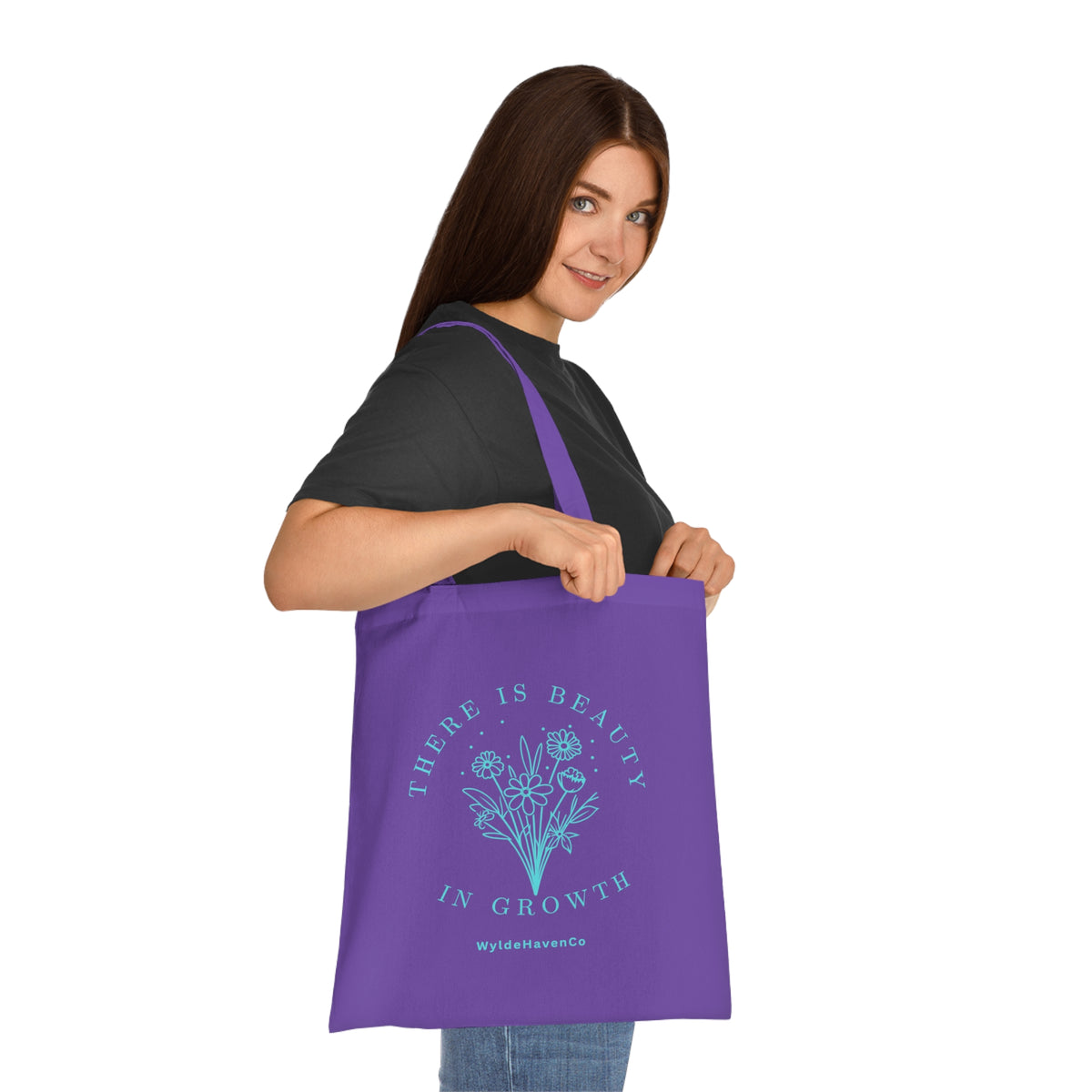 Floral cotton tote bag with "There Is Beauty In Growth" message, eco-friendly design, printed by Printify.