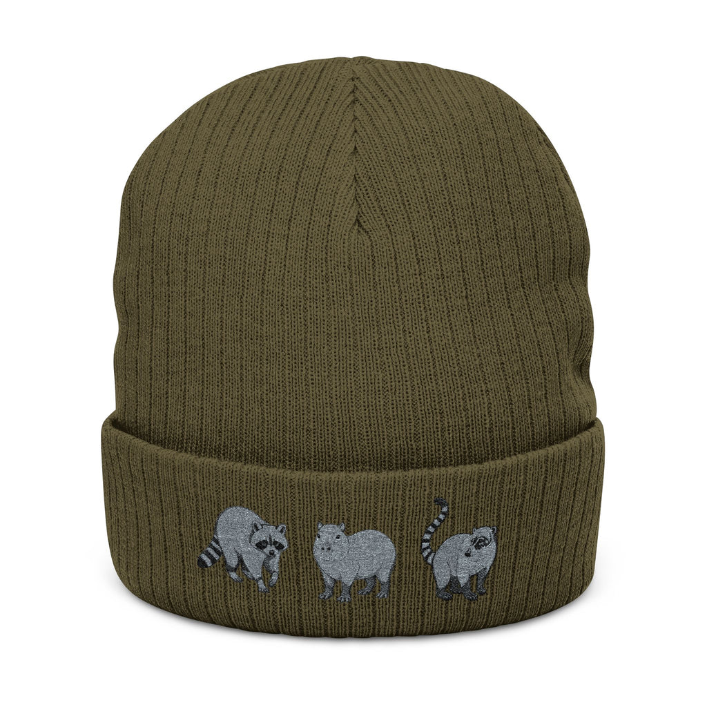 Black ribbed knit beanie by Printify featuring embroidered Wyldelife animal trio design, perfect for animal lovers' winter wear.