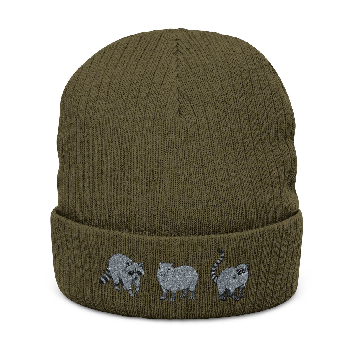 Black ribbed knit beanie by Printify featuring embroidered Wyldelife animal trio design, perfect for animal lovers' winter wear.