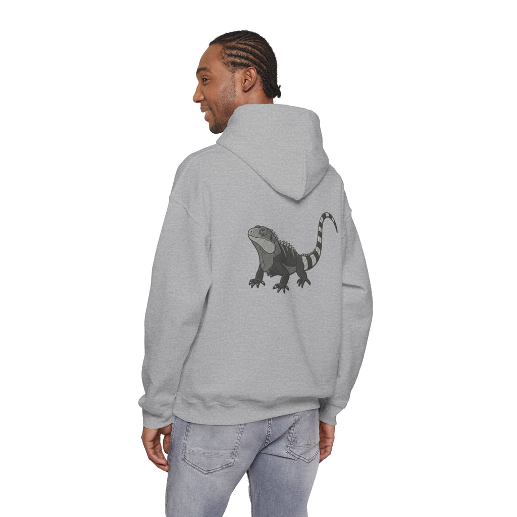 Printify Iguana graphic hoodie featuring a large wildlife back print, part of Wyldelife Collection, showcasing a detailed iguana design.