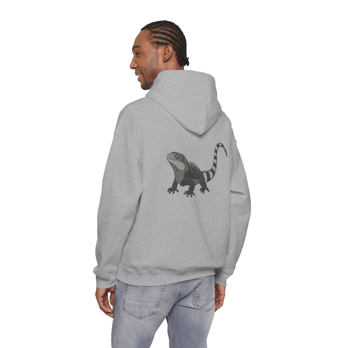 Printify Iguana graphic hoodie featuring a large wildlife back print, part of Wyldelife Collection, showcasing a detailed iguana design.