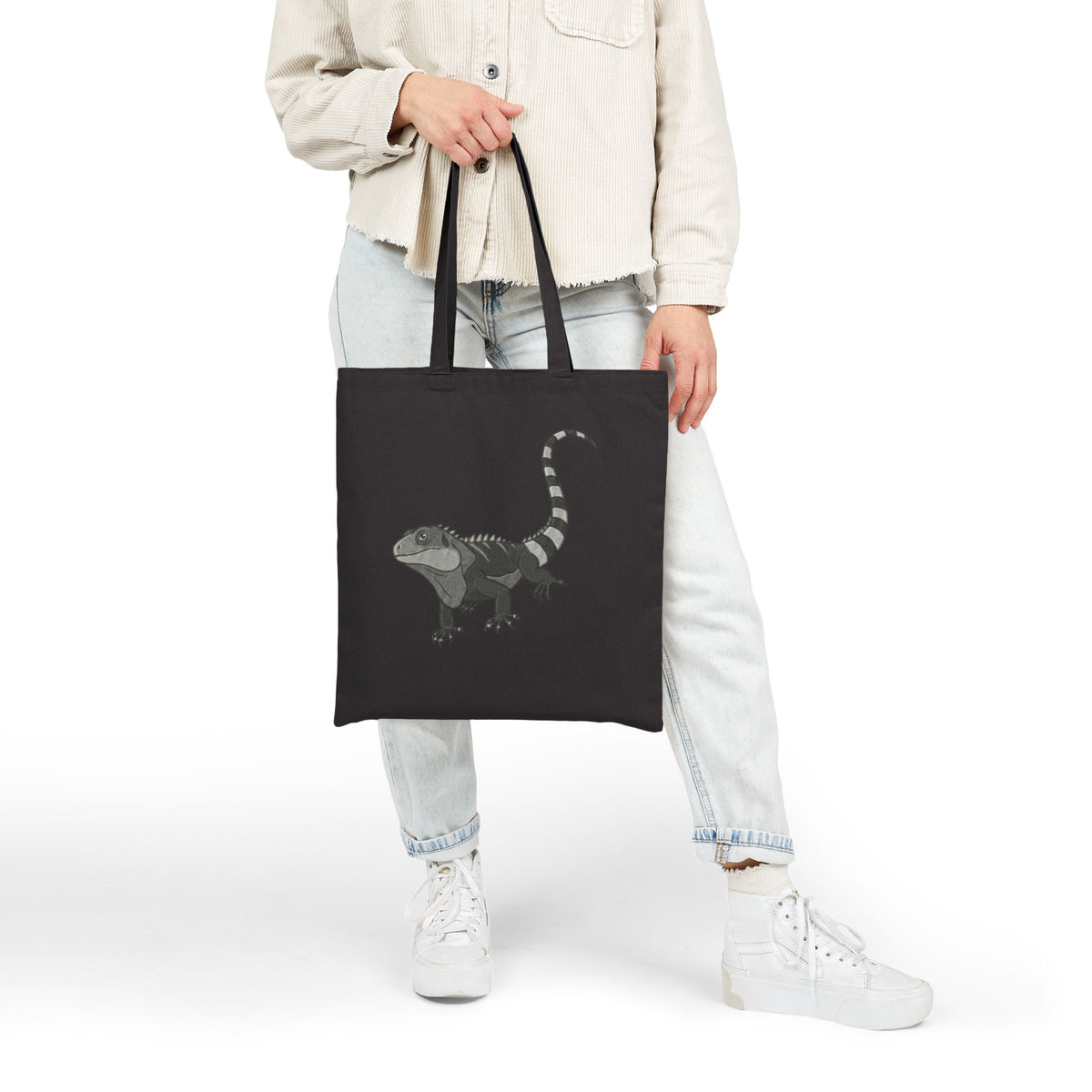 Printify Iguana Tote Bag with detailed wildlife illustration featuring a vibrant iguana design on a durable bag.
