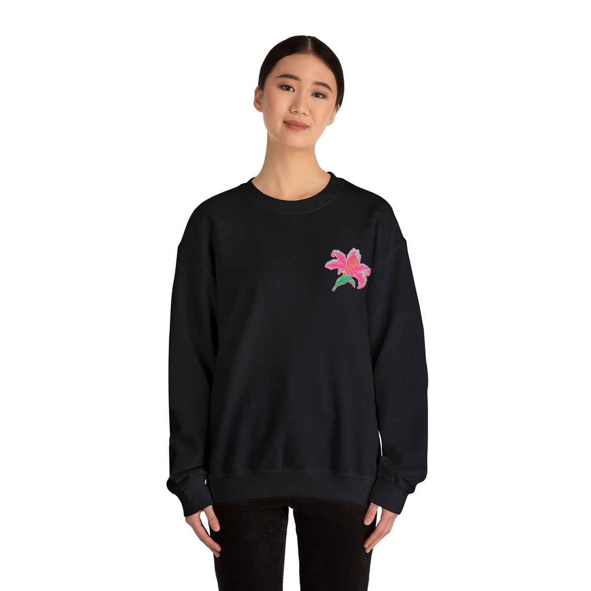 Unisex embroidered Lily sweatshirt with floral design on the left chest, made by Printify, featuring a cozy, casual fit.