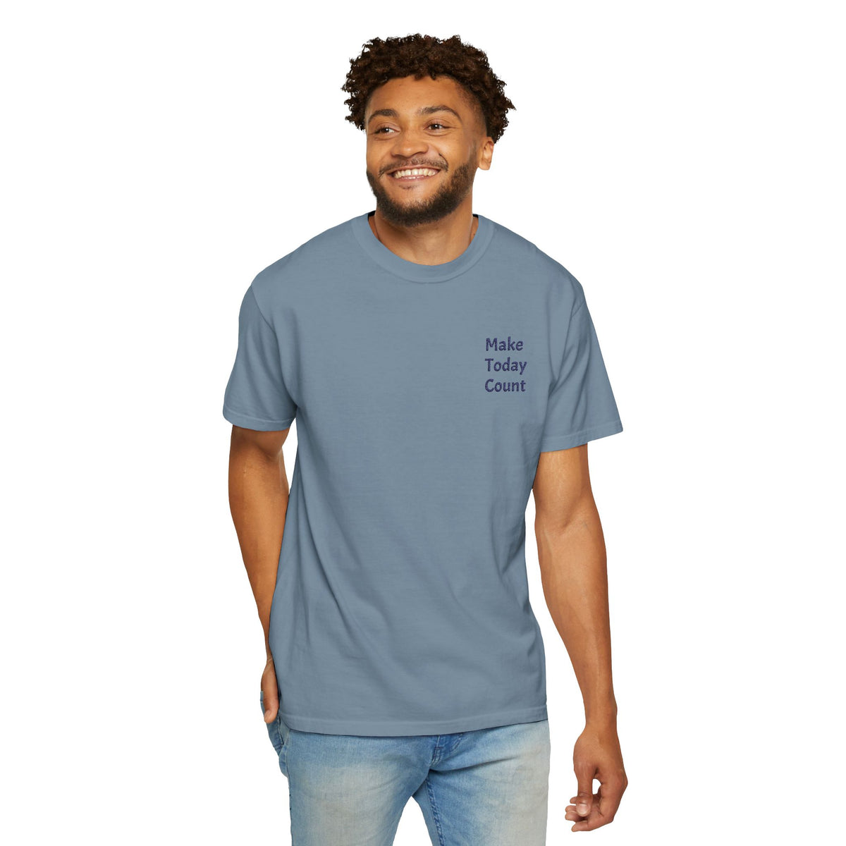 Minimal inspirational Make Today Count T-Shirt by Printify featuring a pocket design, casual fit, and motivational style.