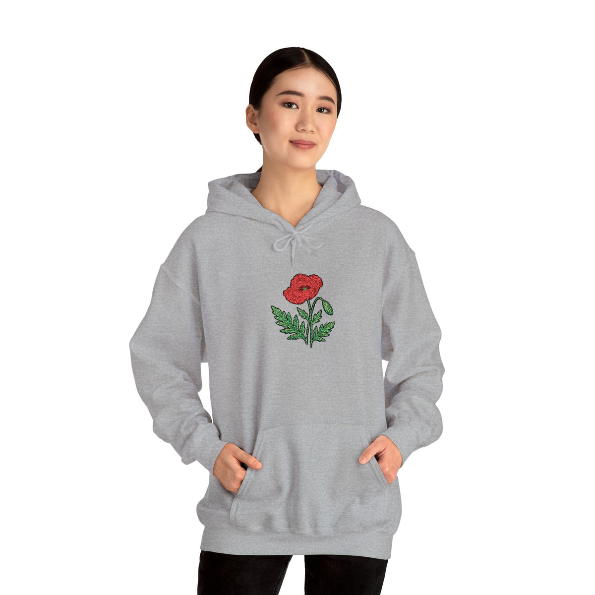 Red hoodie with embroidered red poppy floral design on the centre front, by Printify, casual and comfortable apparel.