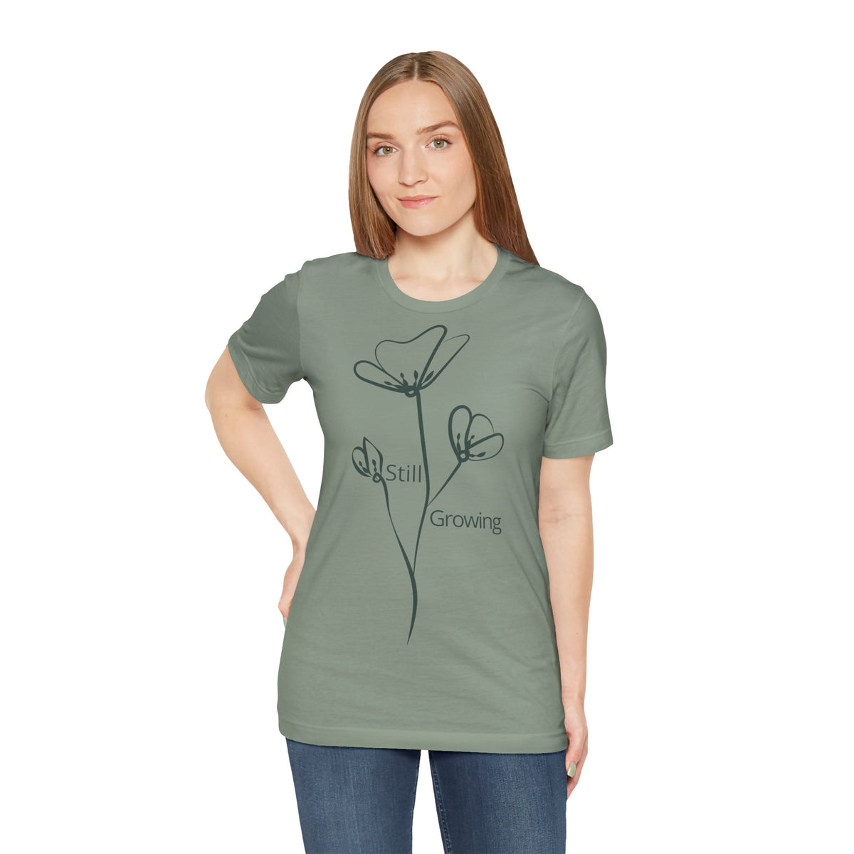 Still Growing Floral T-Shirt by Printify featuring a minimalist floral design on a casual, lightweight cotton tee.
