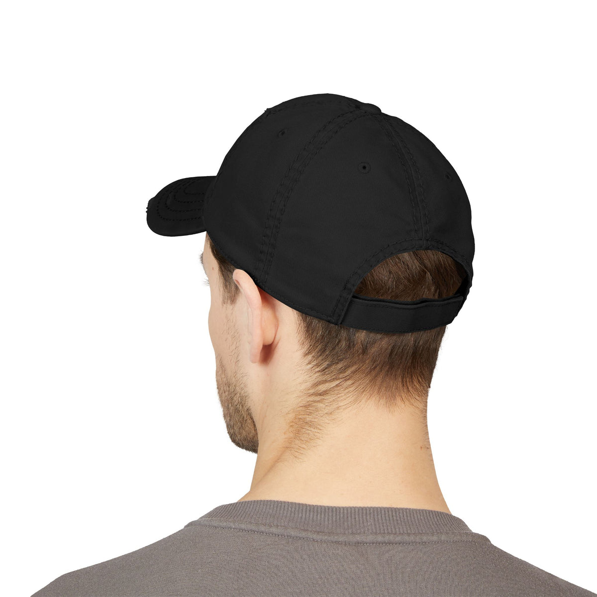 Distressed embroidered dad hat in vintage washed baseball cap style by Printify, showcasing a casual, worn-in look and classic design.
