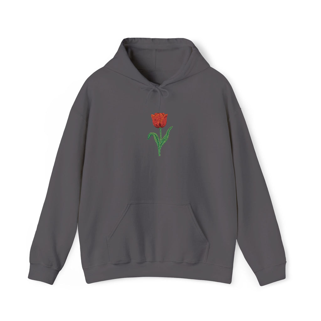 Red hoodie with embroidered red tulip floral design on the front, featuring a casual fit and soft fabric from Printify.